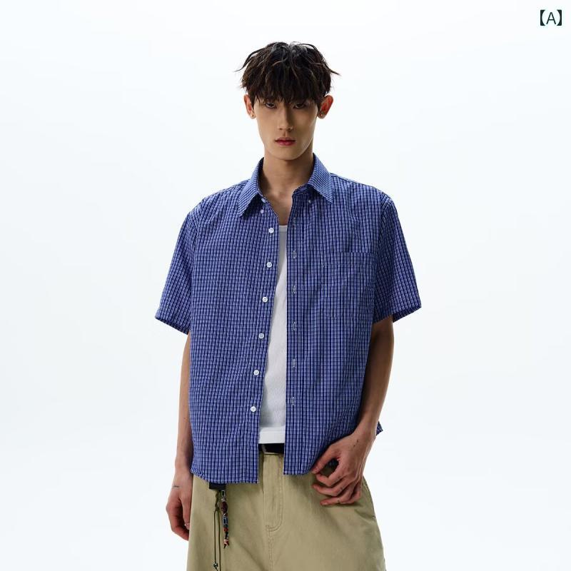 メンズ ファッション 春夏 秋冬 かっこいい オシャレ モテ 男性用 紳士服 服 韓国 シンプル 大人 夏用 citydoy 半袖 シャツ メンズ アメリカン レトロ ファッション チェック柄 シャツ イン カレッジ スタイル メンズ 服
