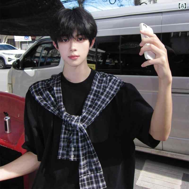 メンズ ファッション 春夏 秋冬 かっこいい オシャレ モテ 男性用 紳士服 服 韓国 シンプル 大人 夏 韓国 カレッジ フェイク ツーピース チェック柄 ショール T シャツ 男の子用 ゆったり の ファッション T シャツ メンズ