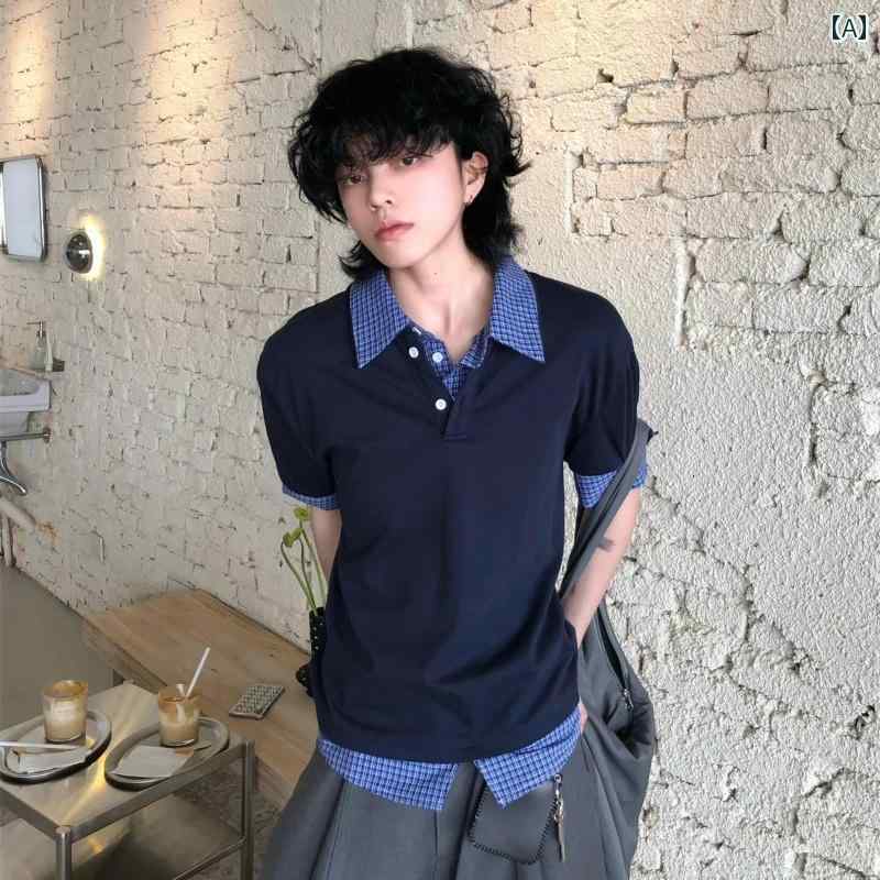 メンズ ファッション 春夏 秋冬 かっこいい オシャレ モテ 男性用 紳士服 服 韓国 シンプル 大人 夏 カレッジ 風 フェイク ツーピース 半袖 ボーイズファッション チェック柄 つなぎ POLO シャツ ハイエンド エレガント ラグジュアリー miu シリーズ T シャツ
