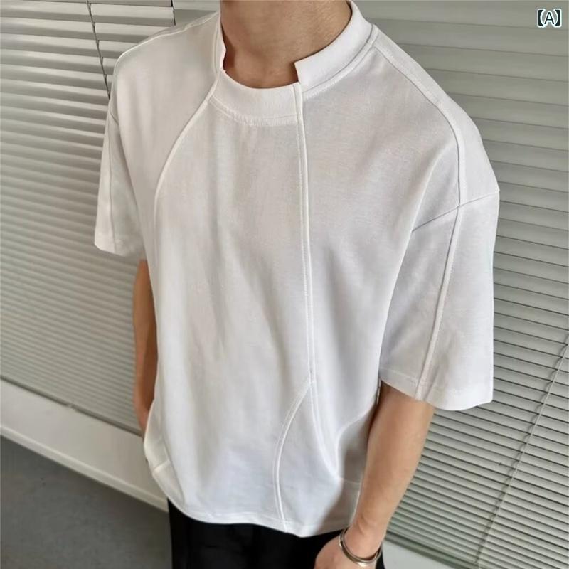 メンズ ファッション 春夏 秋冬 かっこいい オシャレ モテ 男性用 紳士服 服 韓国 シンプル 大人 夏 綿 半袖 メンズ レトロ デ コンストラクト マルチ ピース ステッチ T シャツ メンズ イレギュラー ネック ライン｜YKC8