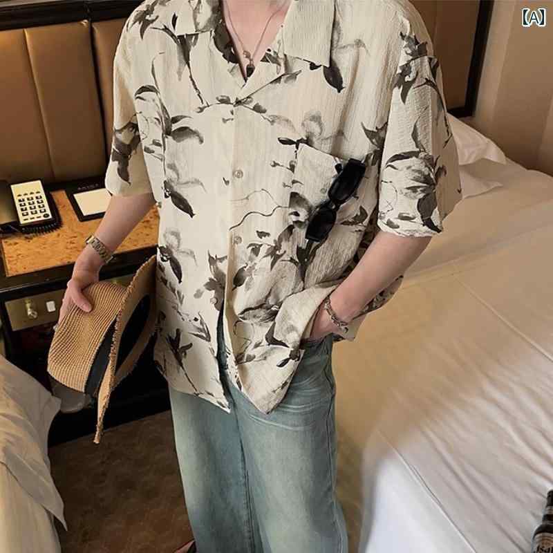メンズ ファッション 春夏 秋冬 かっこいい オシャレ モテ 男性用 紳士服 服 韓国 シンプル 大人 男性用の 夏用 中華風 インク 染め 花柄 シャツ おしゃれな 島の 休日 スタイル キューバ カラーの 半袖 シャツ｜YKC8 28,170円