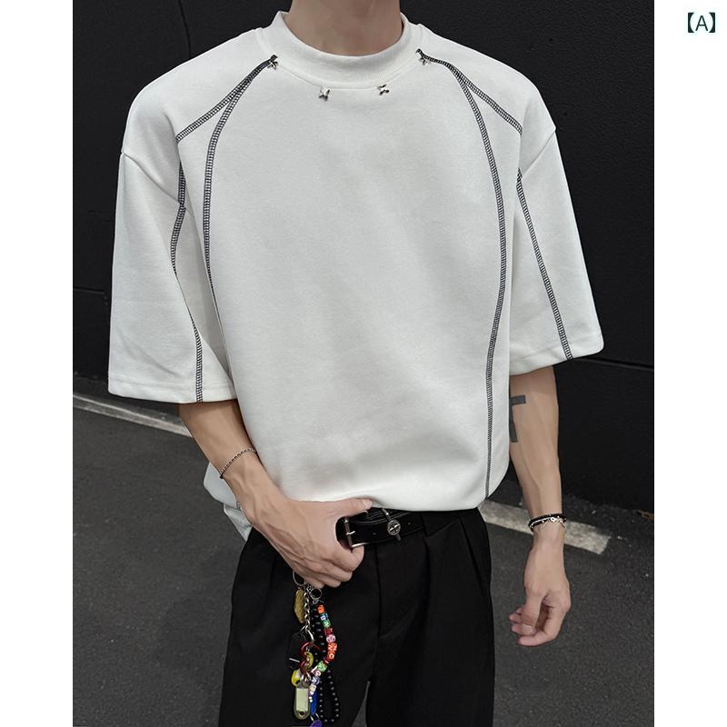 メンズ ファッション 春夏 秋冬 かっこいい オシャレ モテ 男性用 紳士服 服 韓国 シンプル 大人 明るい ラインの ラウンドネック T シャツ 半袖 メンズ 夏 アメリカン スタイル クリーン フィット カジュアル メンズ 半袖
