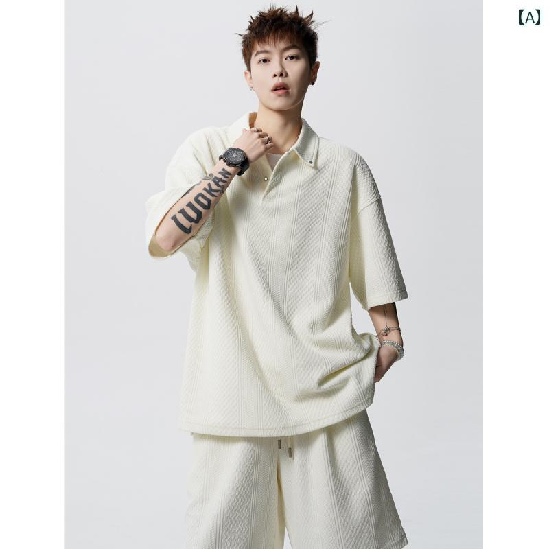 メンズ ファッション 春夏 秋冬 かっこいい オシャレ モテ 男性用 紳士服 服 韓国 シンプル 大人 ジャカード ポロシャツ 半袖 ショート パンツ スーツ メンズ 夏用 高級 ウェア ゆったり カジュアル メンズ クール セット