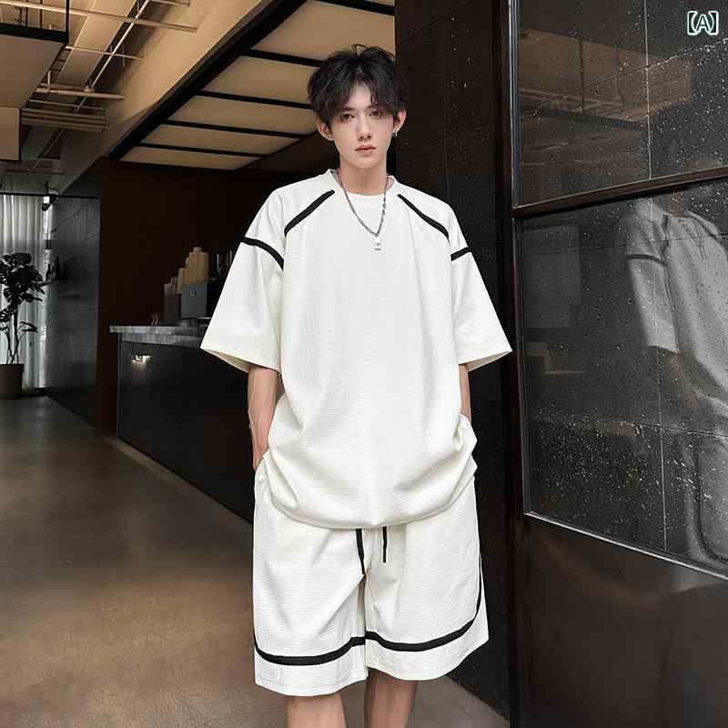 メンズ ファッション 春夏 秋冬 かっこいい オシャレ モテ 男性用 紳士服 服 韓国 シンプル 大人 アメリカン 半袖 ショート パンツ カジュアル スーツ メンズ 夏な な 紳士服 ワッフル ツーピース スーツ 一式|YKC8