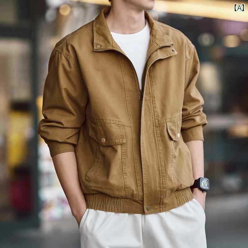 メンズ ファッション 春夏 秋冬 かっこいい オシャレ モテ 男性用 紳士服 服 韓国 シンプル 大人 グレー ディアの アメリカン レトロ ヘビーウェイト ワークウェア ジャケット 春秋 ゆったり スタンドカラー カジュアル 綿 トップ