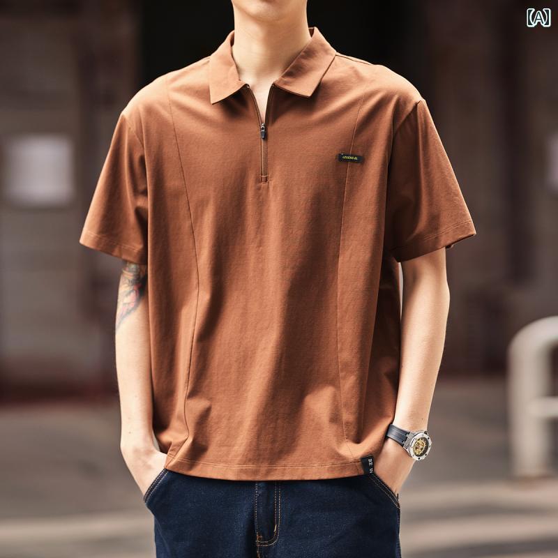 メンズ ファッション 春夏 秋冬 かっこいい オシャレ モテ 男性用 紳士服 服 韓国 シンプル 大人 ブルー ディア ハーフ ジッパー 冷感 半袖 ポロシャツ メンズ 夏 ゆったり カジュアル 半袖 トップス T シャツ