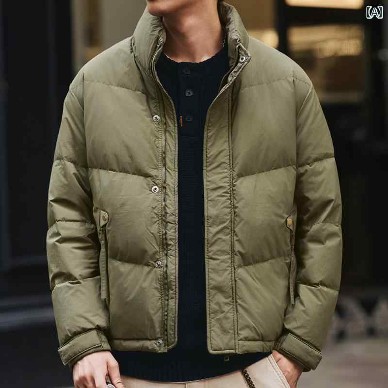 メンズ ファッション 春夏 秋冬 かっこいい オシャレ モテ 男性用 紳士服 服 韓国 シンプル 大人 グリーン ディア ハイエンド アメリカン 冬 スタンドカラー ショート ダウン メンズジャケット 厚手の シンプル ホワイトダックダウン 暖かい パン ジャケット