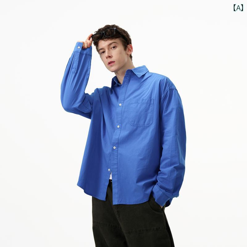 メンズ ファッション 春夏 秋冬 かっこいい オシャレ モテ 男性用 紳士服 服 韓国 シンプル 大人 クラインブルー ポケット シャツ メンズカジュアル ベーシック 長袖 レトロ シャツ トップ
