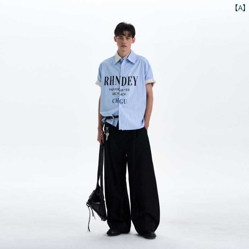 メンズ ファッション 春夏 秋冬 かっこいい オシャレ モテ 男性用 紳士服 服 韓国 シンプル 大人 アメリカン レトロ ストライプ スローガン プリント シャツ 半袖 男女兼用 ゆったり カジュアル ヴィンテージ シャツ|YKC8