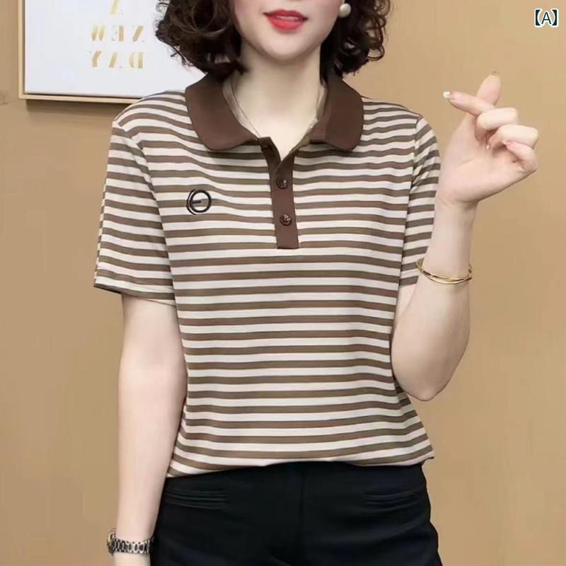 レディース ファッション おしゃれ 春夏 秋　冬 大人 上品 高級 マダム ミス ミセス プレゼント 夏　スタイリッシュ　ストライプ快適母　ドレス半袖　トップス　夏　T　シャツ｜YKC8