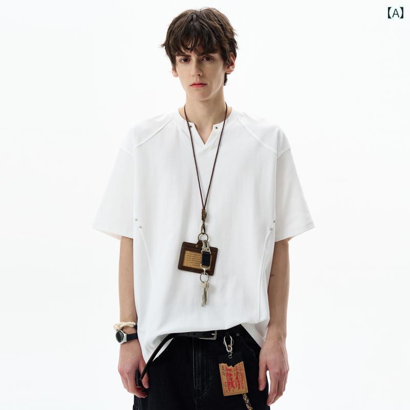 メンズ 流行り物 春夏 秋冬 かっこいい オシャレ モテ 成人男性用 成人男性服  服 韓国 分かりやすい 成年者 夏 心地よい デコンストラクション 小さめ Vのど首 半袖 メンズレディース ゆったりの ハイエンド T プルオーバー