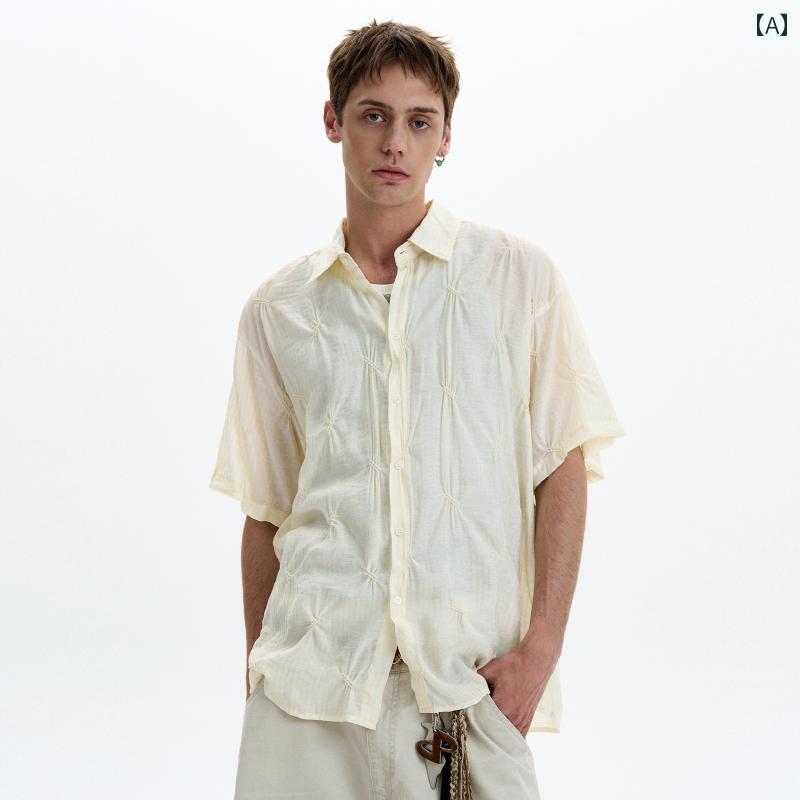 メンズ ファッション 春夏 秋冬 かっこいい オシャレ モテ 男性用 紳士服 服 韓国 シンプル 大人 プリーツ ゆったり 少し 透け 感 ジェンダーレス 質感 かっこいい 半袖 シャツ 男女兼用 カジュアル シャツ|YKC8