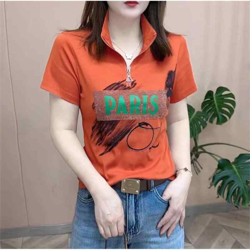 レディース ファッション おしゃれ 春夏 秋　冬 大人 上品 高級 マダム ミス ミセス プレゼント 夏　ジッパー　スタンドカラー　プリントコットン　半袖　スタイリッシュ　スリミング　エイジ　ダウン　半袖　T　シャツ｜YKC8