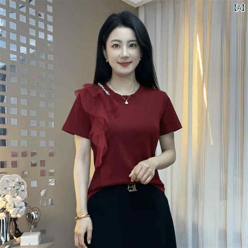 レディース ファッション おしゃれ 春夏 秋　冬 大人 上品 高級 マダム ミス ミセス プレゼント ブルゴーニュ半袖　トップス　女性用　夏　メッシュ　スプライシング　ハーフスリーブ　快適　ストレート　ショルダー　ラウンドネック　T　シャツ