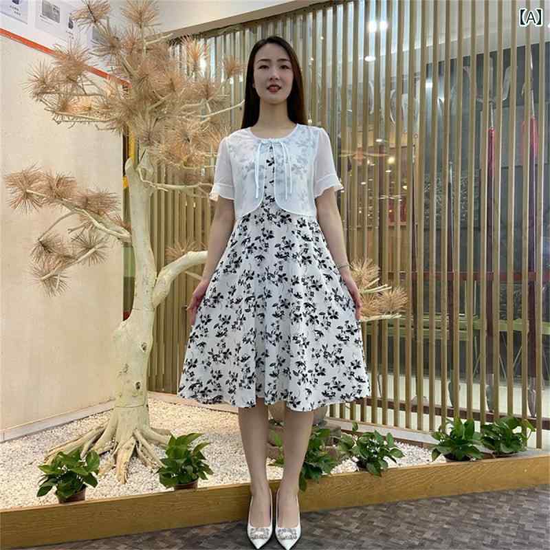 レディース ファッション おしゃれ 春夏 秋 冬 大人 上品 高級 マダム ミス ミセス プレゼント 若々しいスカート 女性 夏 シフォンスカート レトロ ショール フェイク ツーピース 花柄 ドレス|YKC8