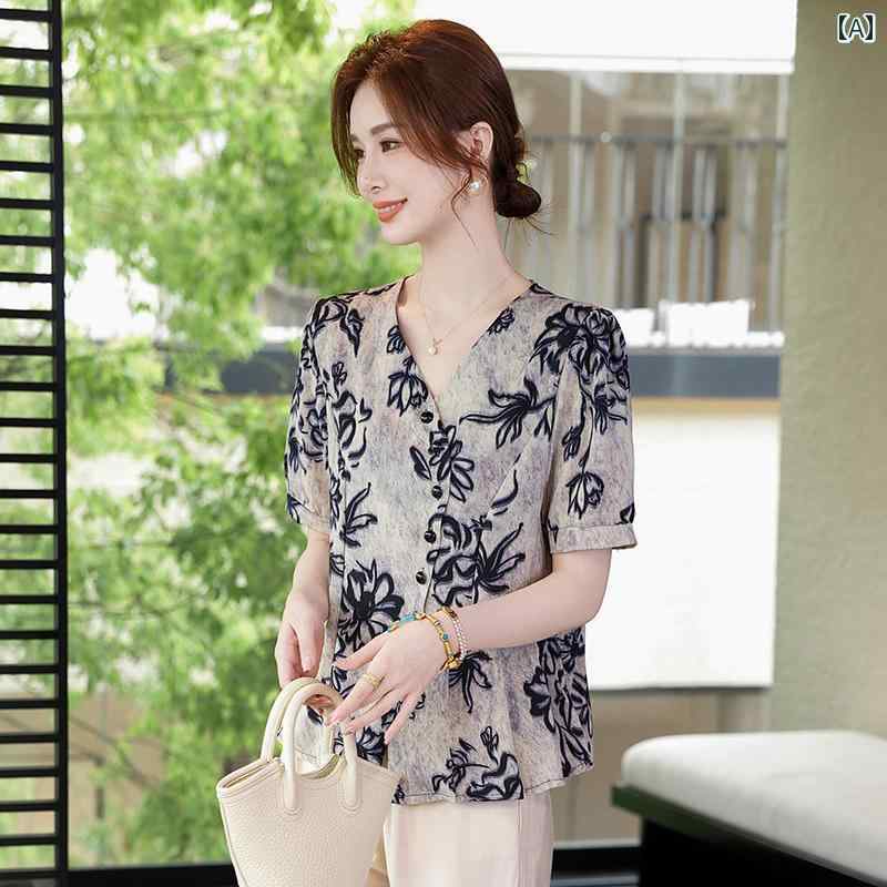レディース ファッション おしゃれ 春夏 秋　冬 大人 上品 高級 マダム ミス ミセス プレゼント 母　日　ママ　夏　Vネック　プリント　シャツ　半袖　ウエスタンスタイル　女性　スリミング　スーツ｜YKC8
