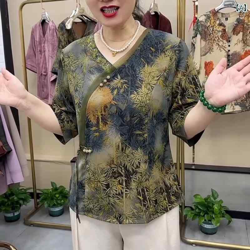 レディース ファッション おしゃれ 春夏 秋 冬 大人 上品 高級 マダム ミス ミセス プレゼント 夏 新型 Vネック 七分袖 T シャツ 民族風 トップス 風 縮める 快適 ママ コーデ|YKC8