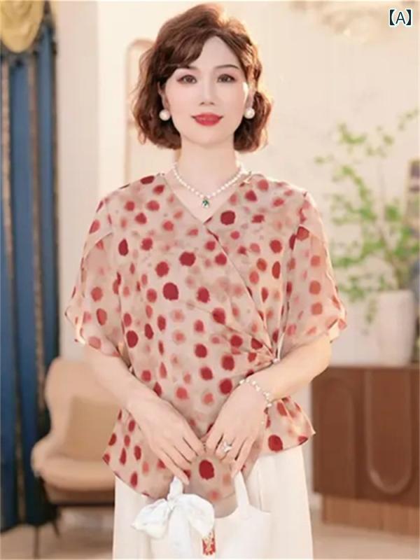 レディース ファッション おしゃれ 春夏 秋 冬 大人 上品 高級 マダム ミス ミセス プレゼント 若々しいドットシフォンシャツ 夏 スタイリッシュ ファッション T シャツ スーツ ツーピース スーツ|YKC8