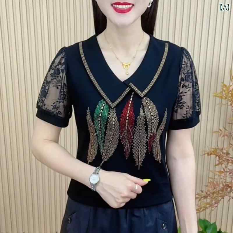 レディース ファッション おしゃれ 春夏 秋 冬 大人 上品 高級 マダム ミス ミセス プレゼント 夏 不規則 襟 ホット カジュアル トップス ママ 半袖 メッシュ スプライシング T シャツ レディース|YKC8