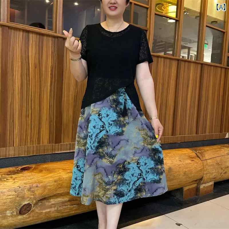 レディース ファッション おしゃれ 春夏 秋　冬 大人 上品 高級 マダム ミス ミセス プレゼント 夏　ファッション　プリント　半袖　フェイク　ツーピース　ドレス　ママ　ドレス　スリム　ロング　スカート 7,245円