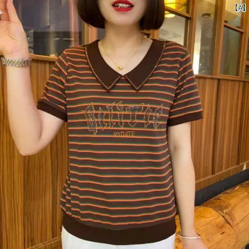 レディース ファッション おしゃれ 春夏 秋　冬 大人 上品 高級 マダム ミス ミセス プレゼント 夏　ファッション　ママ　ドール　カラーストライプ　半袖　T　シャツ　ウエスタンスタイル　　文字　ホット　トップス　レディース｜YKC8