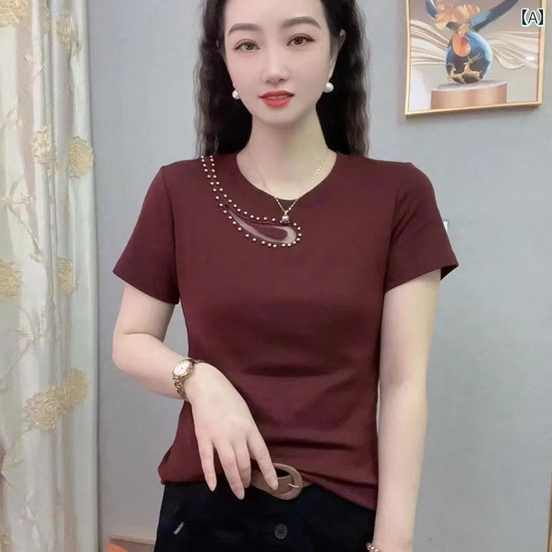 レディース ファッション おしゃれ 春夏 秋 冬 大人 上品 高級 マダム ミス ミセス プレゼント お母さん 女性 夏服小さい ブラウス Vネック スリム 半袖 T シャツ トップス|YKC8