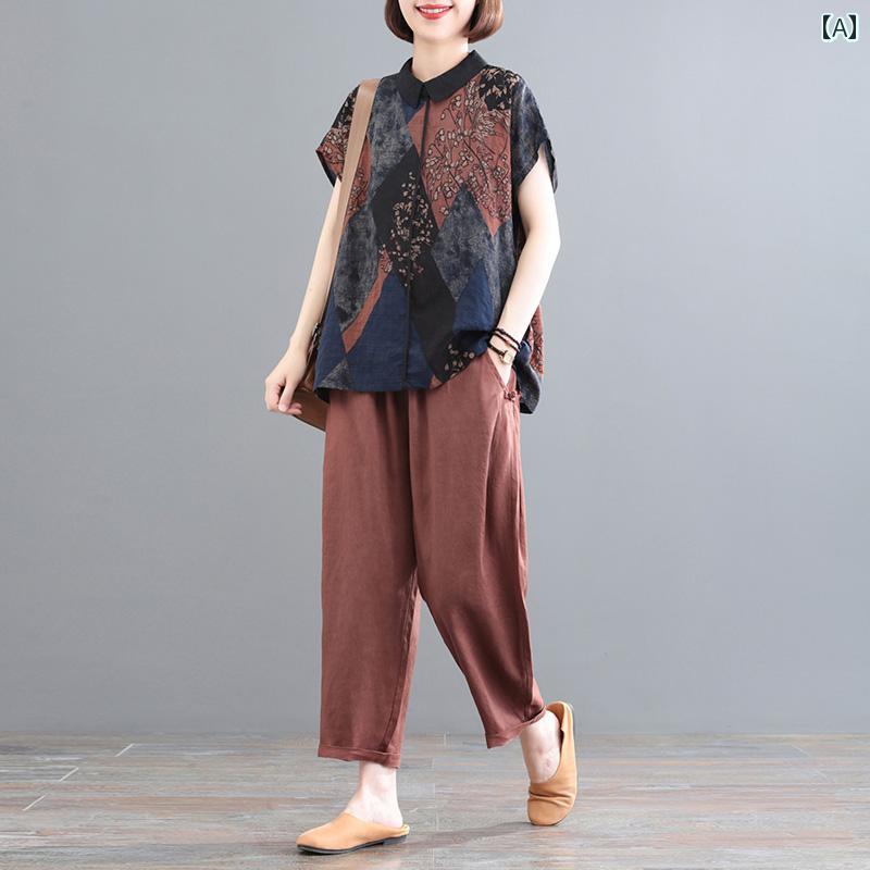 レディース ファッション おしゃれ 春夏 秋　冬 大人 上品 高級 マダム ミス ミセス プレゼント 女性　夏服　大きいサイズ　綿　麻　スーツ　新型　レトロ　トップス　T　シャツ　ツーピース　スーツ｜YKC8