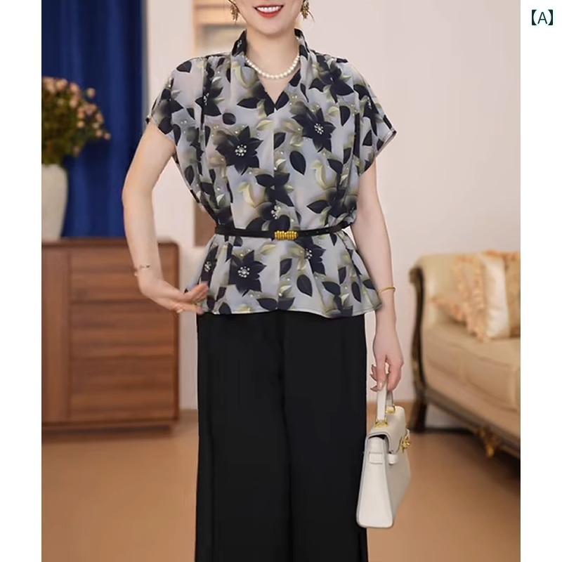 レディース ファッション おしゃれ 春夏 秋 冬 大人 上品 高級 マダム ミス ミセス プレゼント 夏 ファッション プリント 半袖 T シャツ スーツ ウエスタン 小さい シャツ ママ ツーピース スーツ|YKC8