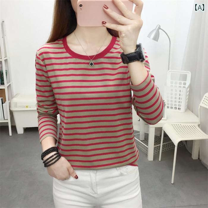レディース ファッション おしゃれ 春夏 秋 冬 大人 上品 高級 マダム ミス ミセス プレゼント 春先 秋 女性 綿 ストライプ長袖 T シャツ ママ 大きいサイズ ゆったり スリム お腹 カバー レイヤリング シャツ|YKC8