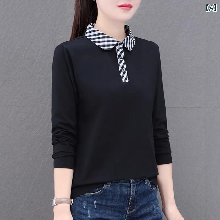 レディース ファッション おしゃれ 春夏 秋 冬 大人 上品 高級 マダム ミス ミセス プレゼント 綿 長袖 T シャツ 秋 婦人服 襟母 チェック柄 ポロシャツ ゆったり 長袖|YKC8