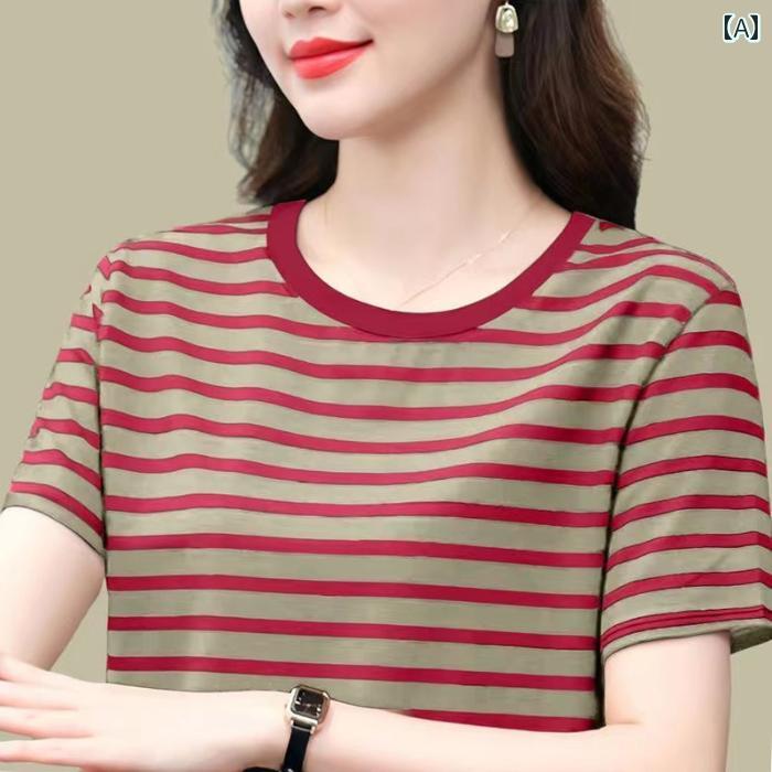 レディース ファッション おしゃれ 春夏 秋　冬 大人 上品 高級 マダム ミス ミセス プレゼント 夏　女性用　綿　半袖　ストライプ　T　シャツ　丸首ママが　痩せて　お腹　カバー　おしゃれトップス｜YKC8