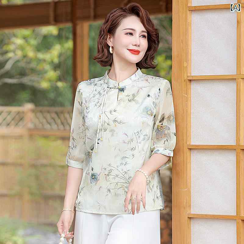 レディース ファッション おしゃれ 春夏 秋 冬 大人 上品 高級 マダム ミス ミセス プレゼント お母さん 夏 ドレス 中袖 シフォンブラウス 女性 ドレス 西洋 花柄 トップ|YKC8