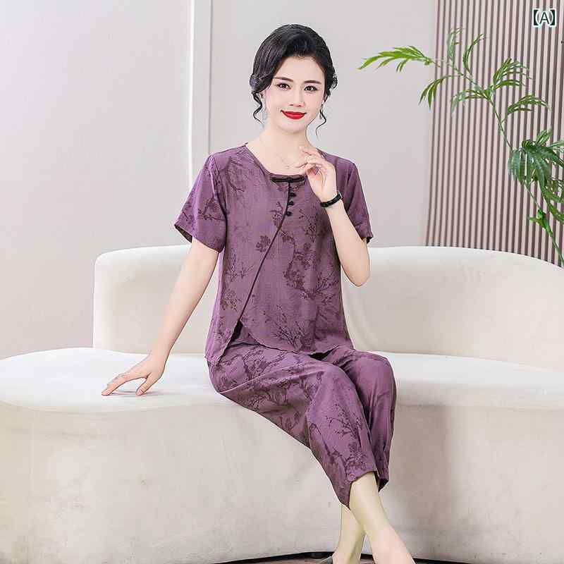 レディース ファッション おしゃれ 春夏 秋 冬 大人 上品 高級 マダム ミス ミセス プレゼント お母さん 半袖 コットンリネン スーツ おしゃれ夏 民族風 プリント ゆったり 大きいサイズ ツーピース スーツ|YKC8