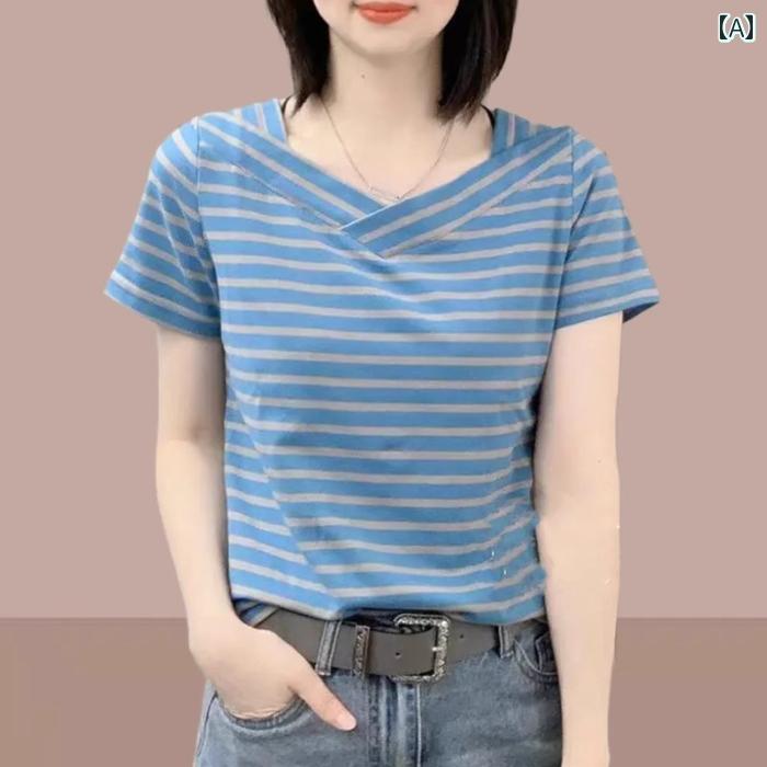 レディース ファッション おしゃれ 春夏 秋 冬 大人 上品 高級 マダム ミス ミセス プレゼント 綿 夏 ファッション カジュアル 着やすい Vネック ストライプ 半袖 新型 風 多機能 カバー スリミング T シャツ|YKC8