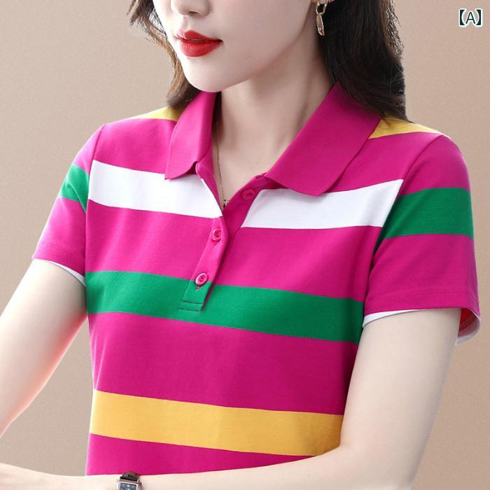 レディース ファッション おしゃれ 春夏 秋　冬 大人 上品 高級 マダム ミス ミセス プレゼント 綿　女性　シャツ　ストライプ　半袖　T　シャツ　女性　夏　　スリム　ポロシャツ　T｜YKC8