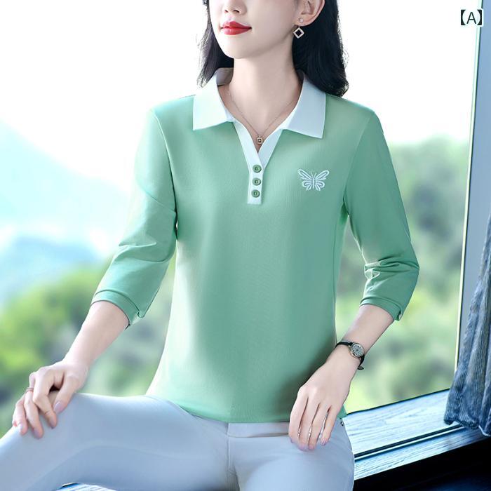 レディース ファッション おしゃれ 春夏 秋　冬 大人 上品 高級 マダム ミス ミセス プレゼント 綿　日常的シンプル　カジュアル　ステッチ　コントラスト　カラー　肌　覆う　トップス　秋　ファッション　POLO　襟　ボタン　長袖｜YKC8