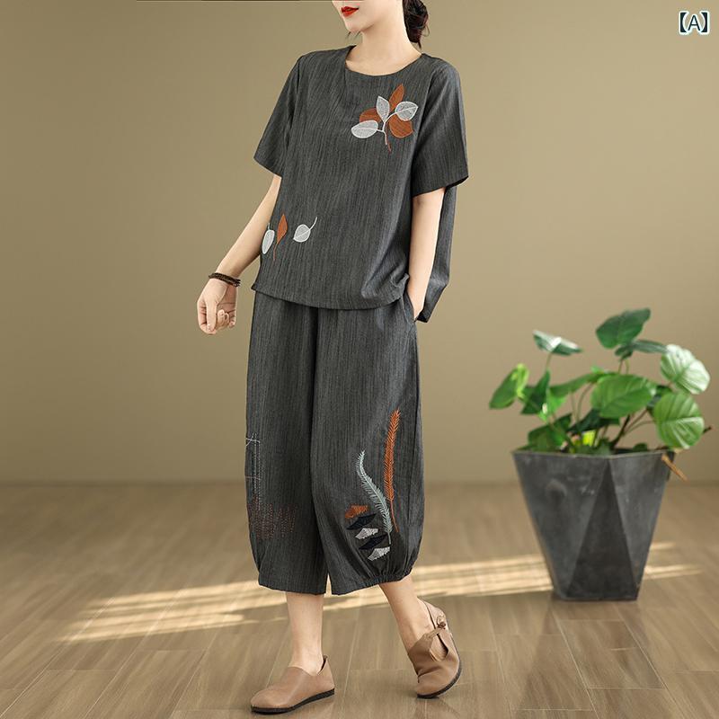 レディース ファッション おしゃれ 春夏 秋　冬 大人 上品 高級 マダム ミス ミセス プレゼント 女性　服　夏　綿　麻　スーツ　女性　　半袖　トップス　夏　ワイド　レッグ　パンツ　ツーピース　スーツ
