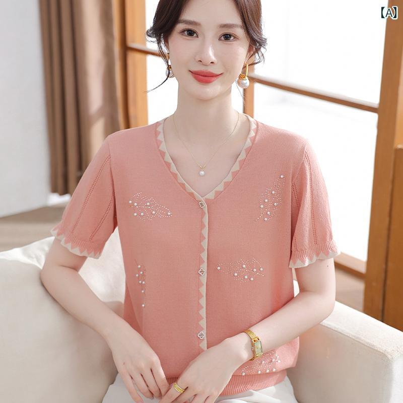 レディース ファッション おしゃれ 春夏 秋　冬 大人 上品 高級 マダム ミス ミセス プレゼント 西洋　母　夏　ニット　トップス　ゆったり　Vネックブラウス女性　半袖　冷感　T　シャツ 7,338円