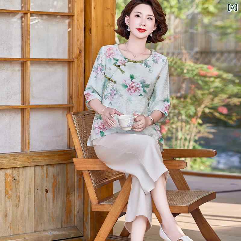 レディース ファッション おしゃれ 春夏 秋 冬 大人 上品 高級 マダム ミス ミセス プレゼント お母さん夏服 綿 麻 スーツ 女性 服 半袖 T シャツ トップス ツーピース スーツ|YKC8