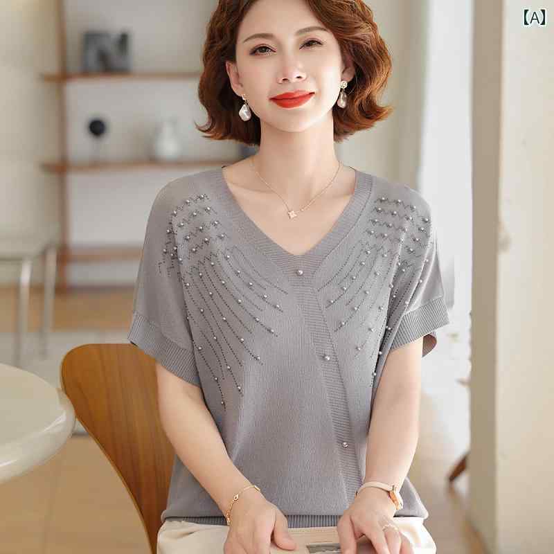 レディース ファッション おしゃれ 春夏 秋 冬 大人 上品 高級 マダム ミス ミセス プレゼント ママ おしゃれ夏 半袖 トップス 女性 薄手 ニット トップス おしゃれバット スリーブ T シャツ|YKC8