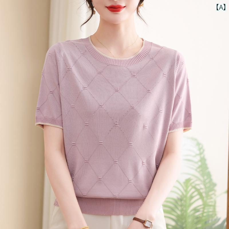 レディース ファッション おしゃれ 春夏 秋　冬 大人 上品 高級 マダム ミス ミセス プレゼント ママ　夏服　女性用　半袖　T　シャツ　母　日　薄手　ニット　トップス　冷感　シャツ