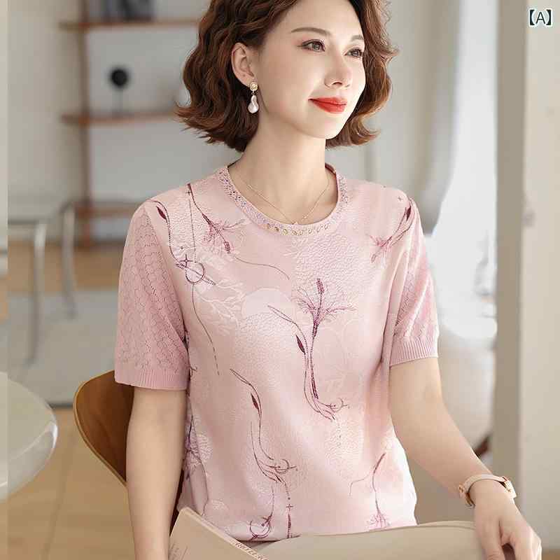 レディース ファッション おしゃれ 春夏 秋　冬 大人 上品 高級 マダム ミス ミセス プレゼント 母　夏　冷感　プルオーバー　小さい　シャツ　ラウンドネック　T　シャツ　女性　服　　半袖　トップス