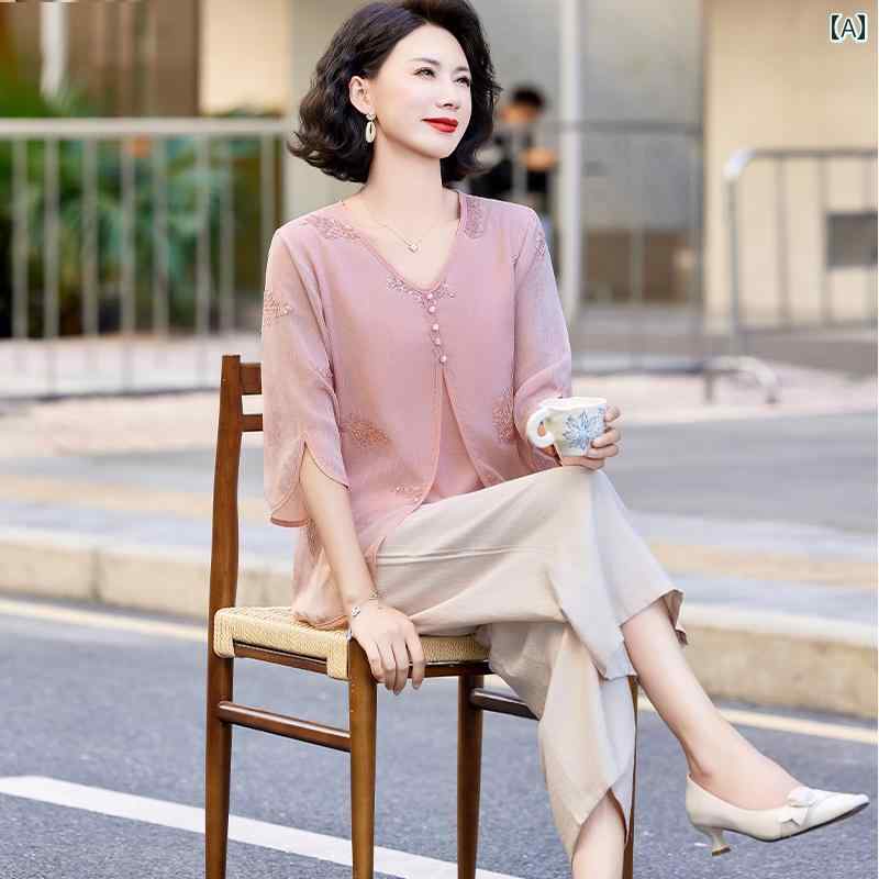 レディース ファッション おしゃれ 春夏 秋 冬 大人 上品 高級 マダム ミス ミセス プレゼント 夏 シフォンシャツ 半袖 T シャツ レディース おしゃれ トップス ツーピース スーツ 薄手|YKC8