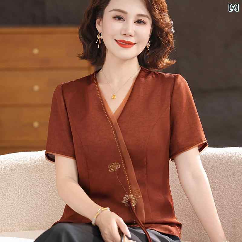 レディース ファッション おしゃれ 春夏 秋 冬 大人 上品 高級 マダム ミス ミセス プレゼント 洋風 母 夏 トップス  新型 Vネック シフォンシャツ 女性用 夏  半袖 T シャツ
