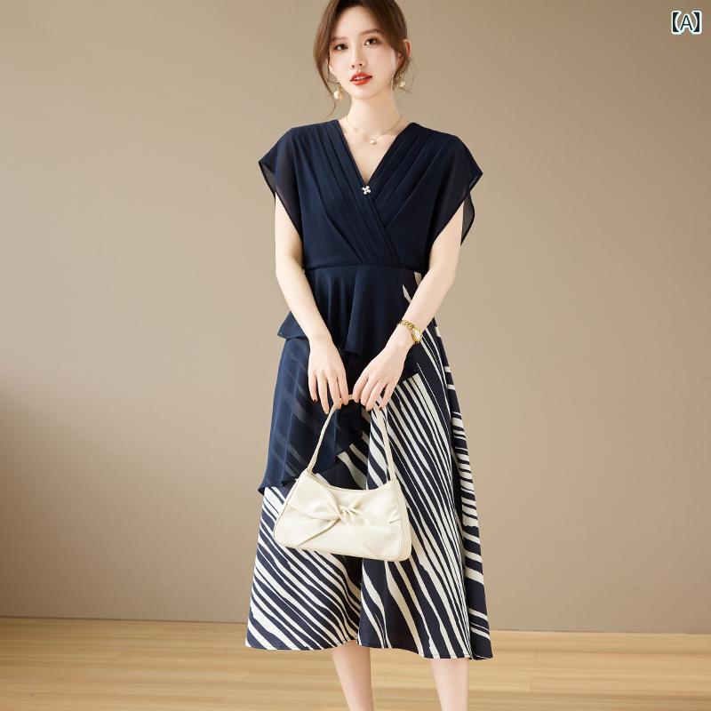 レディース ファッション おしゃれ 春夏 秋 冬 大人 上品 高級 マダム ミス ミセス プレゼント エレガント ウエスト スリム 女性 服 スタイリッシュ 半袖 シフォンスカート 夏 ドレス