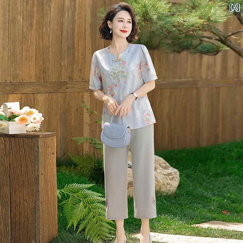 レディース ファッション おしゃれ 春夏 秋 冬 大人 上品 高級 マダム ミス ミセス プレゼント 夏 ママ ファッション トップス 洋風 婦人服 民族風 ボタン T シャツ パンツ スーツ|YKC8