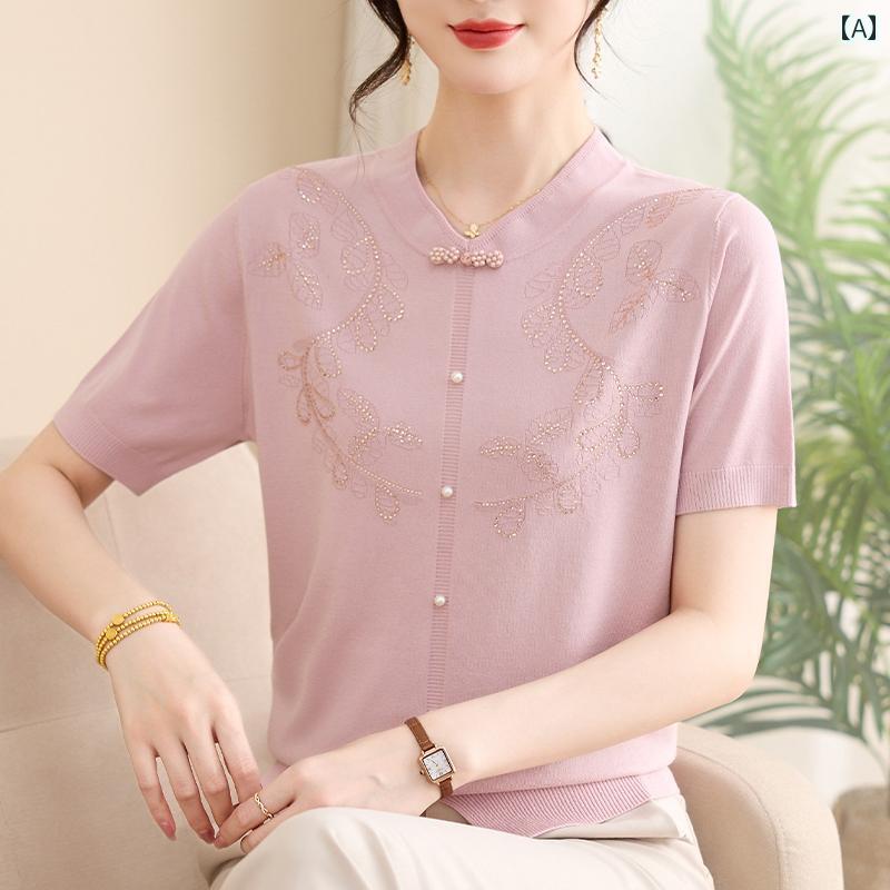 レディース ファッション おしゃれ 春夏 秋　冬 大人 上品 高級 マダム ミス ミセス プレゼント 　母　夏　氷絹シャツ　　女性　薄手　ニット　トップ　半袖　T　シャツ｜YKC8