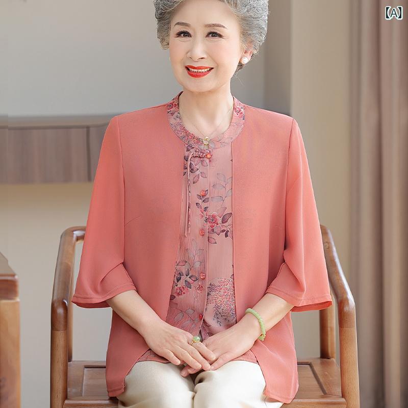 レディース ファッション おしゃれ 春夏 秋 冬 大人 上品 高級 マダム ミス ミセス プレゼント ドレス 春夏 トップス 七分袖 シャツ 高齢女性 ドレスおばあちゃん民族風 シフォンシャツ|YKC8