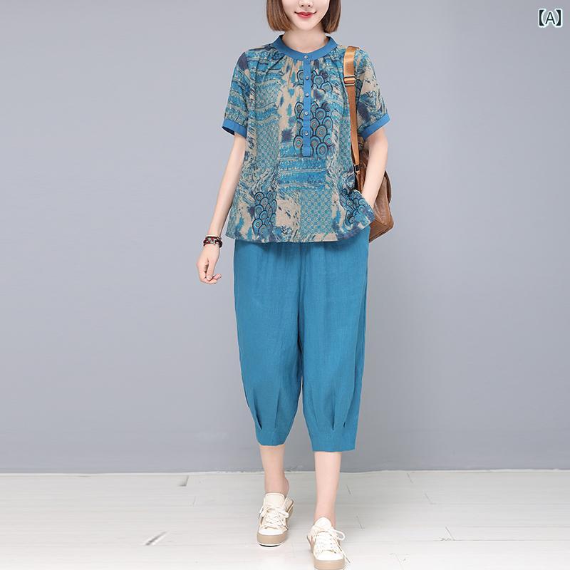 レディース ファッション おしゃれ 春夏 秋 冬 大人 上品 高級 マダム ミス ミセス プレゼント お母さん 夏服 春 秋 コットンリネン スーツ プリント 半袖 トップス ゆったり パンツ ツーピース スーツ|YKC8