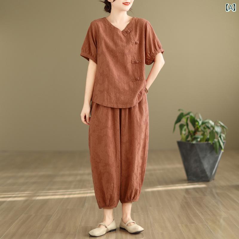 レディース ファッション おしゃれ 春夏 秋　冬 大人 上品 高級 マダム ミス ミセス プレゼント 女性　夏服　　綿　麻　スーツ　大きいサイズ　エスニック半袖　T　シャツ　トップス